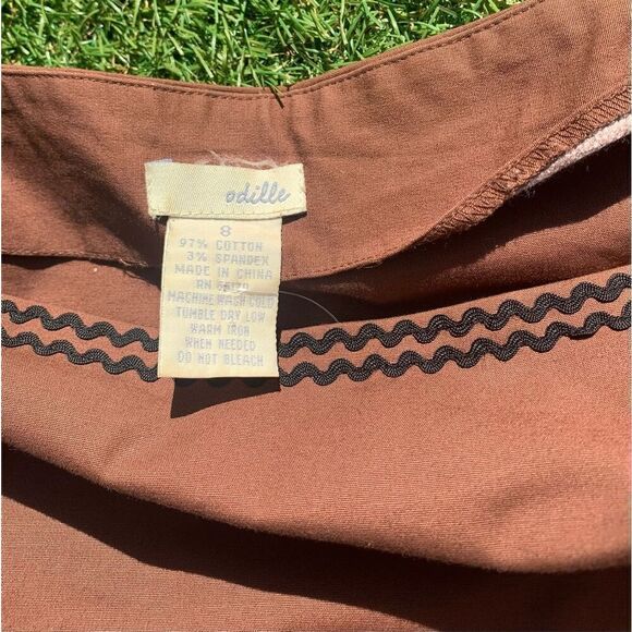 ODILLE ANTHROPOLOGIE Brown black embroidered trim A-LINE Garden Spring SKIRT - Picture 3 of 4
